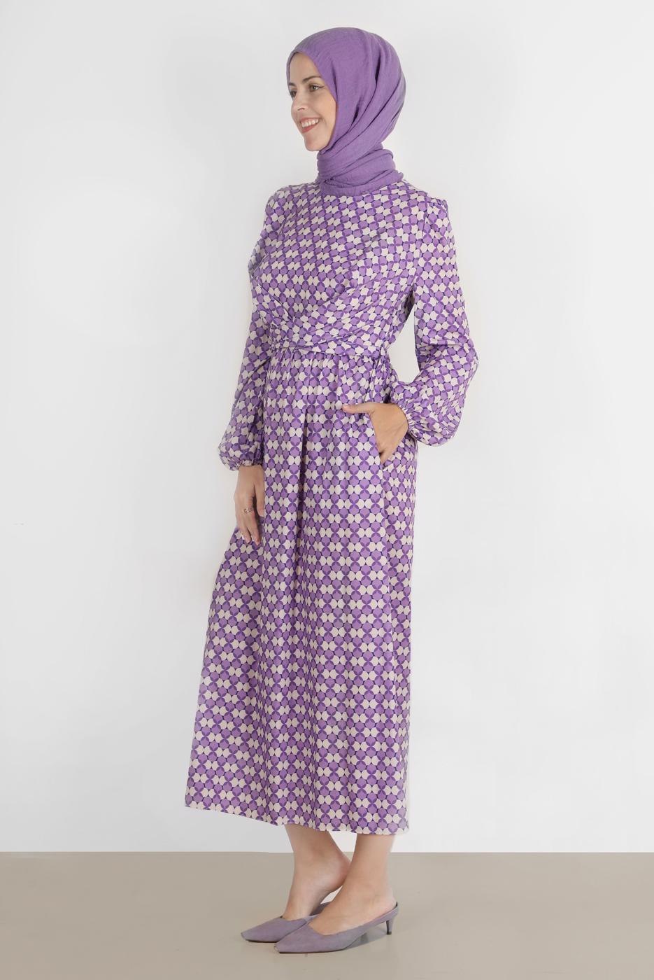 Tesettür giyim MOR ALVİNA DESENLİ TESETTÜR ELBİSE T 42711