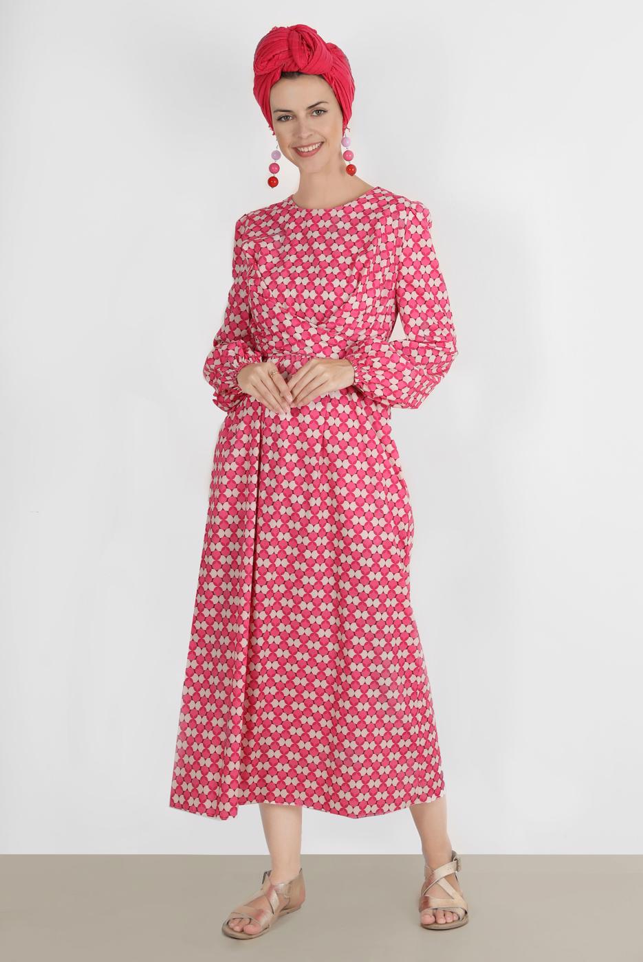 Tesettür giyim FUŞYA ALVİNA DESENLİ TESETTÜR ELBİSE T 42711