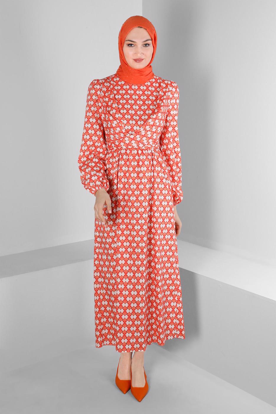 Tesettür giyim MERCAN ALVİNA DESENLİ TESETTÜR ELBİSE T 42711