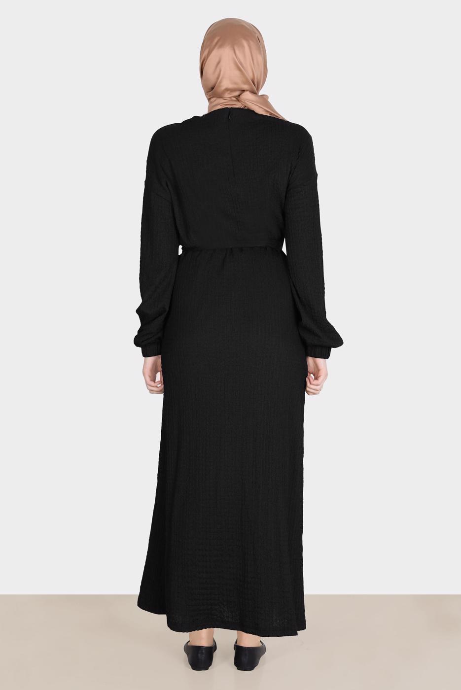 Tesettür giyim SİYAH ALVİNA WAFFLE EFEKTLİ ELBİSE T 42719
