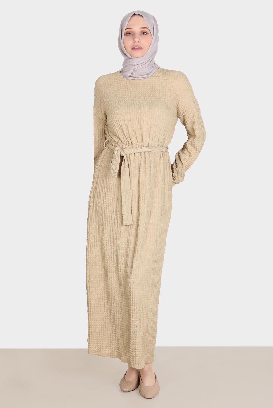 Tesettür giyim KAHVE ALVİNA WAFFLE EFEKTLİ ELBİSE T 42719
