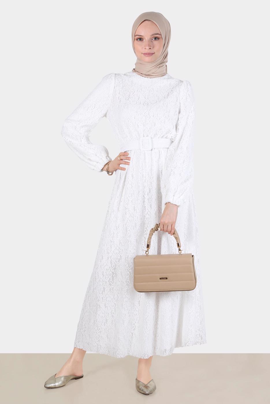 Tesettür giyim KREM ALVİNA DANTEL DETAYLI ELBİSE 42814