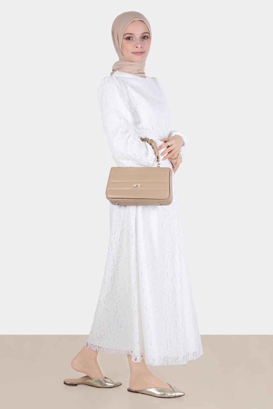 Tesettür giyim KREM ALVİNA DANTEL DETAYLI ELBİSE 42814