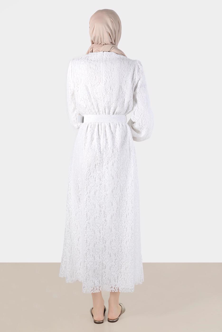 Tesettür giyim KREM ALVİNA DANTEL DETAYLI ELBİSE 42814