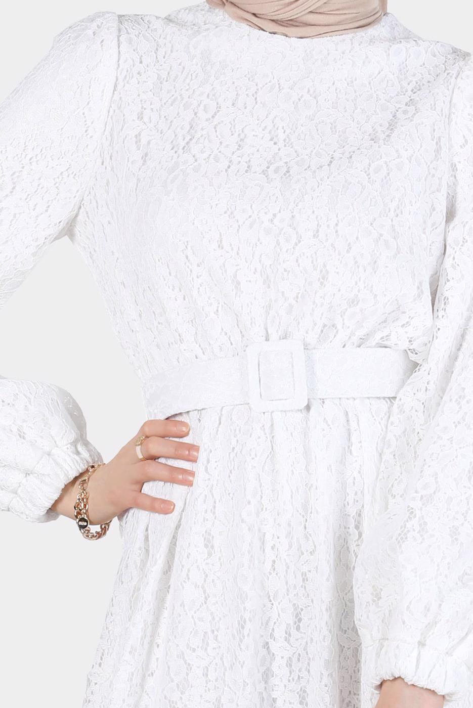 Tesettür giyim KREM ALVİNA DANTEL DETAYLI ELBİSE 42814