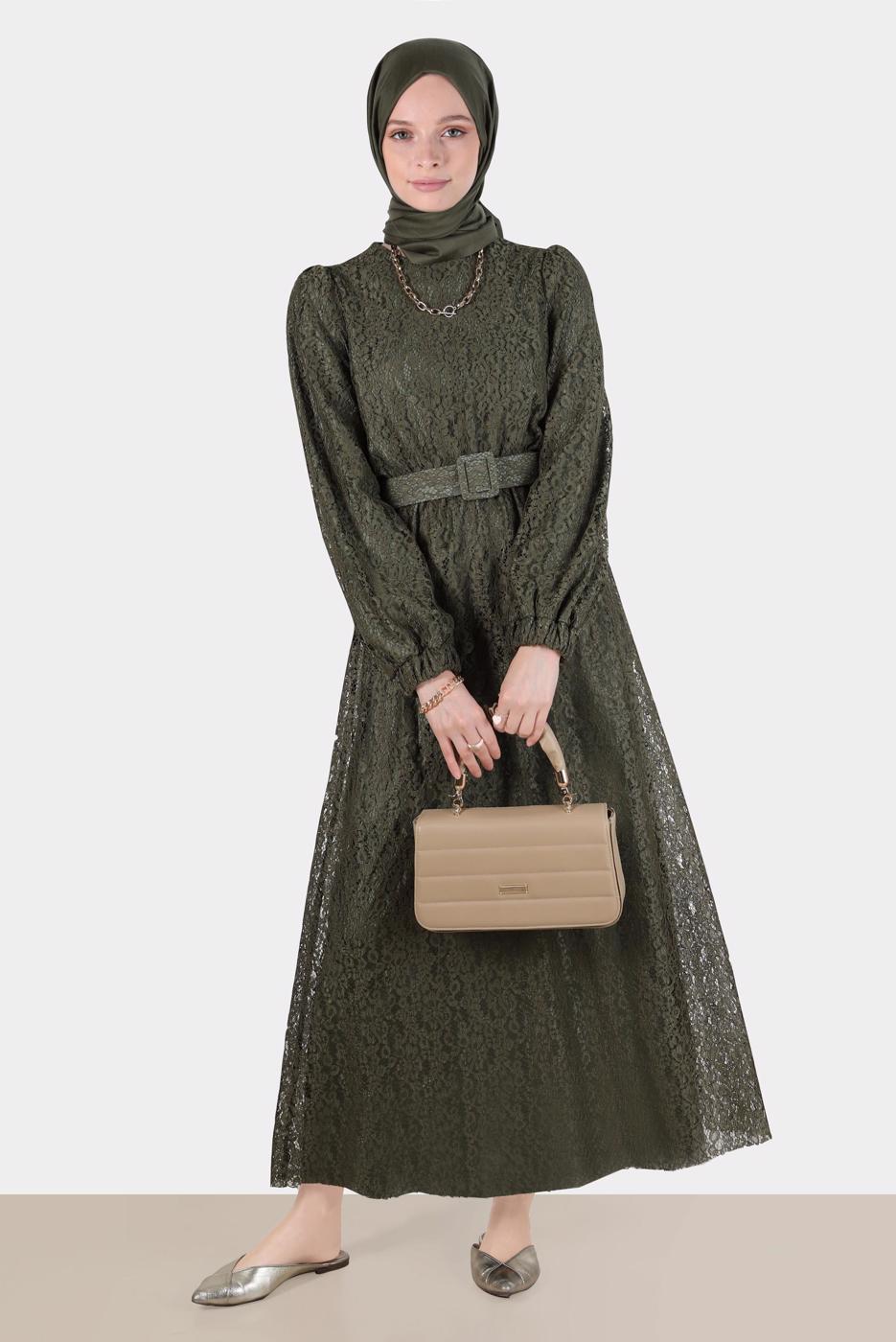 Tesettür giyim HAKİ ALVİNA DANTEL DETAYLI ELBİSE 42814