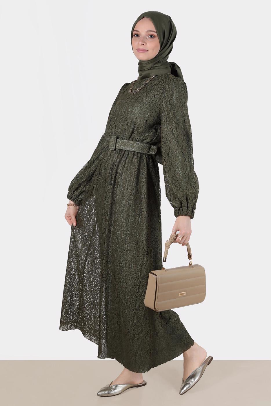 Tesettür giyim HAKİ ALVİNA DANTEL DETAYLI ELBİSE 42814