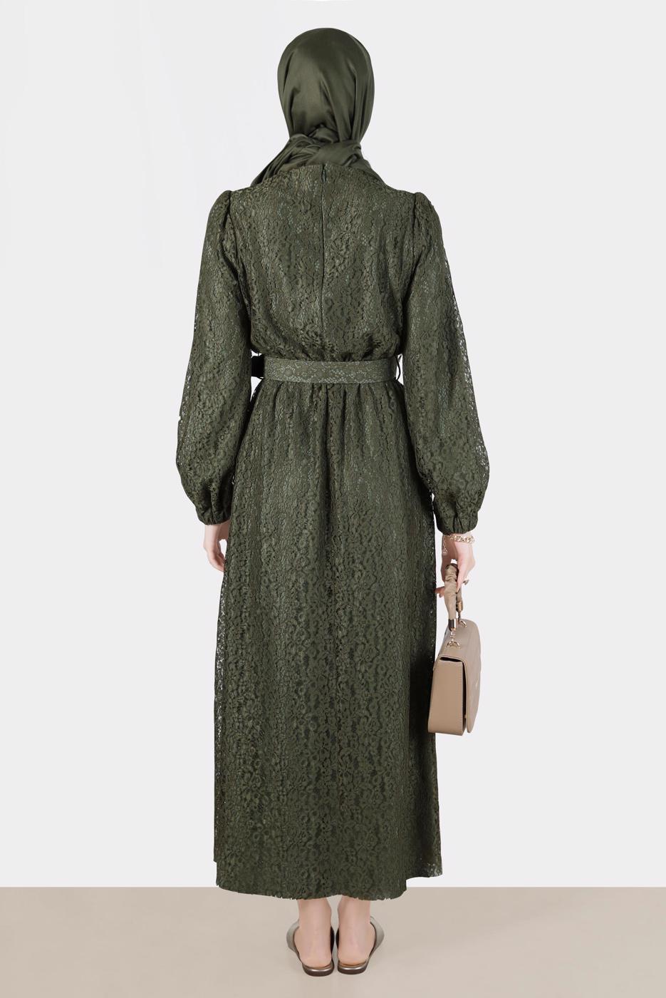 Tesettür giyim HAKİ ALVİNA DANTEL DETAYLI ELBİSE 42814