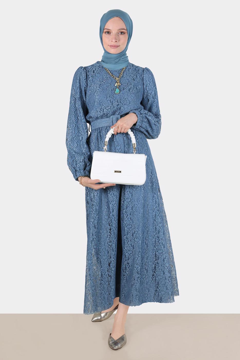 Tesettür giyim LACİVERT ALVİNA DANTEL DETAYLI ELBİSE 42814