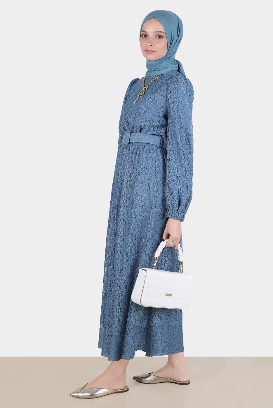 Tesettür giyim LACİVERT ALVİNA DANTEL DETAYLI ELBİSE 42814