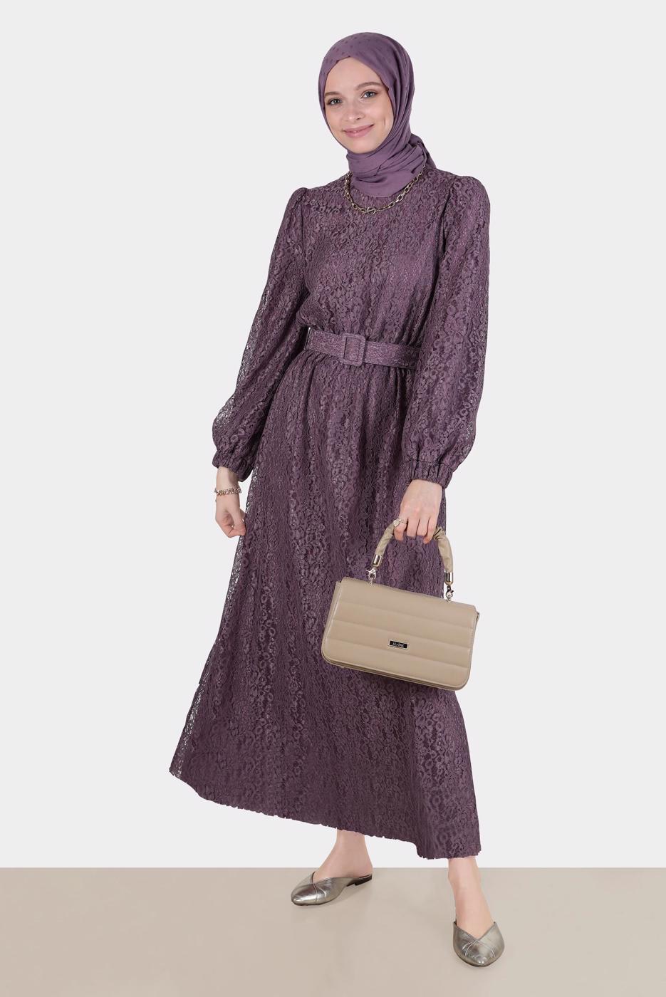 Tesettür giyim MOR ALVİNA DANTEL DETAYLI ELBİSE 42814