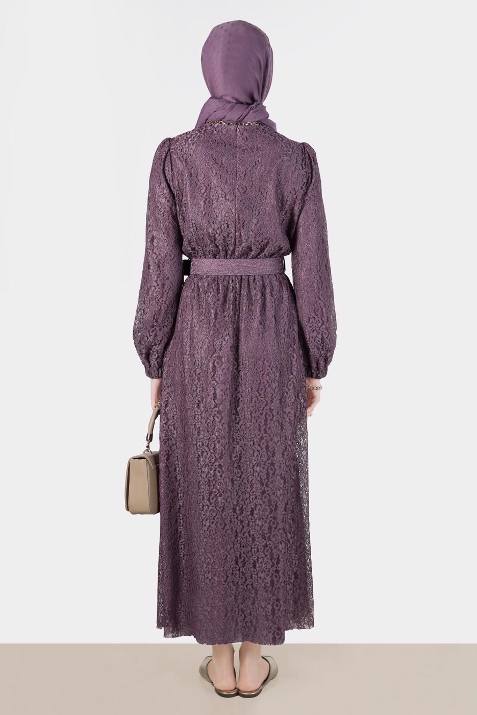 Tesettür giyim MOR ALVİNA DANTEL DETAYLI ELBİSE 42814