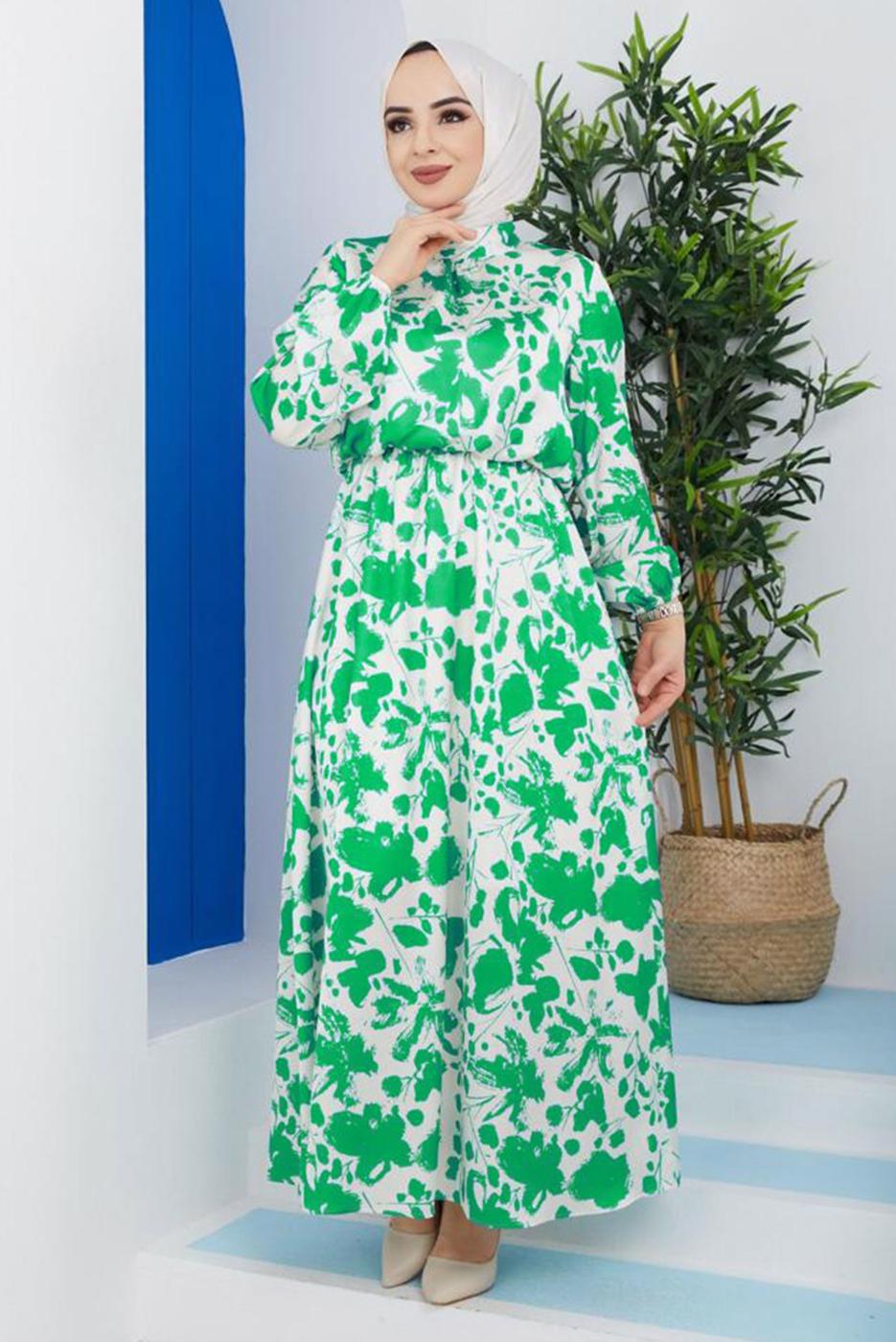 Tesettür giyim YEŞİL DESENLİ ELBİSE 4287