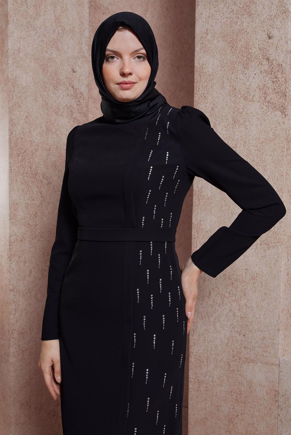 Tesettür giyim SİYAH ALVİNA TAŞ BASKILI TESETTÜR ELBİSE T 42886