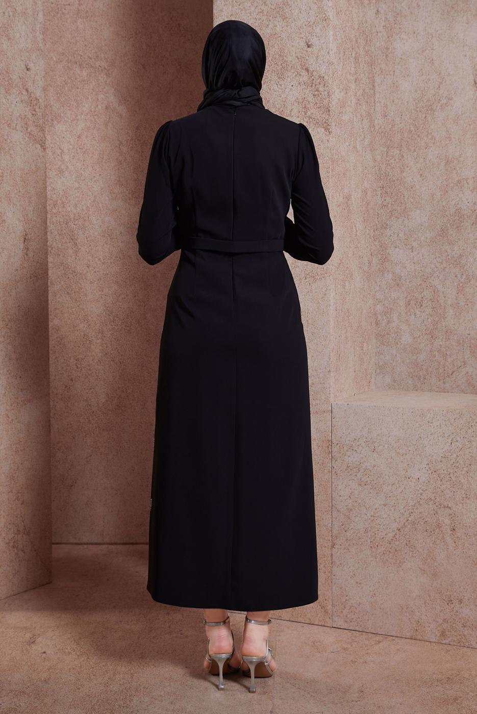 Tesettür giyim SİYAH ALVİNA TAŞ BASKILI TESETTÜR ELBİSE T 42886