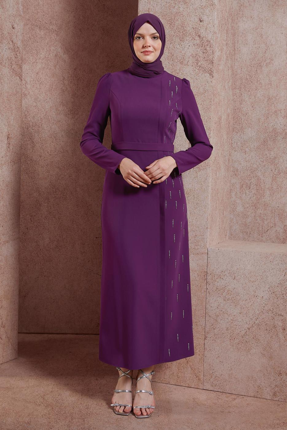 Tesettür giyim MOR ALVİNA TAŞ BASKILI TESETTÜR ELBİSE T 42886