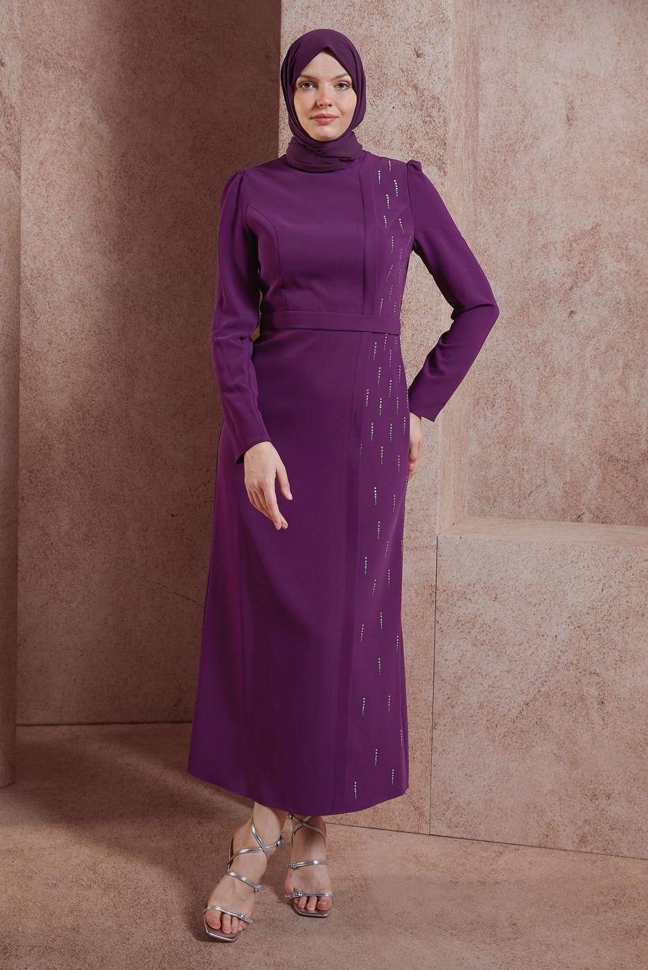 Tesettür giyim MOR ALVİNA TAŞ BASKILI TESETTÜR ELBİSE T 42886