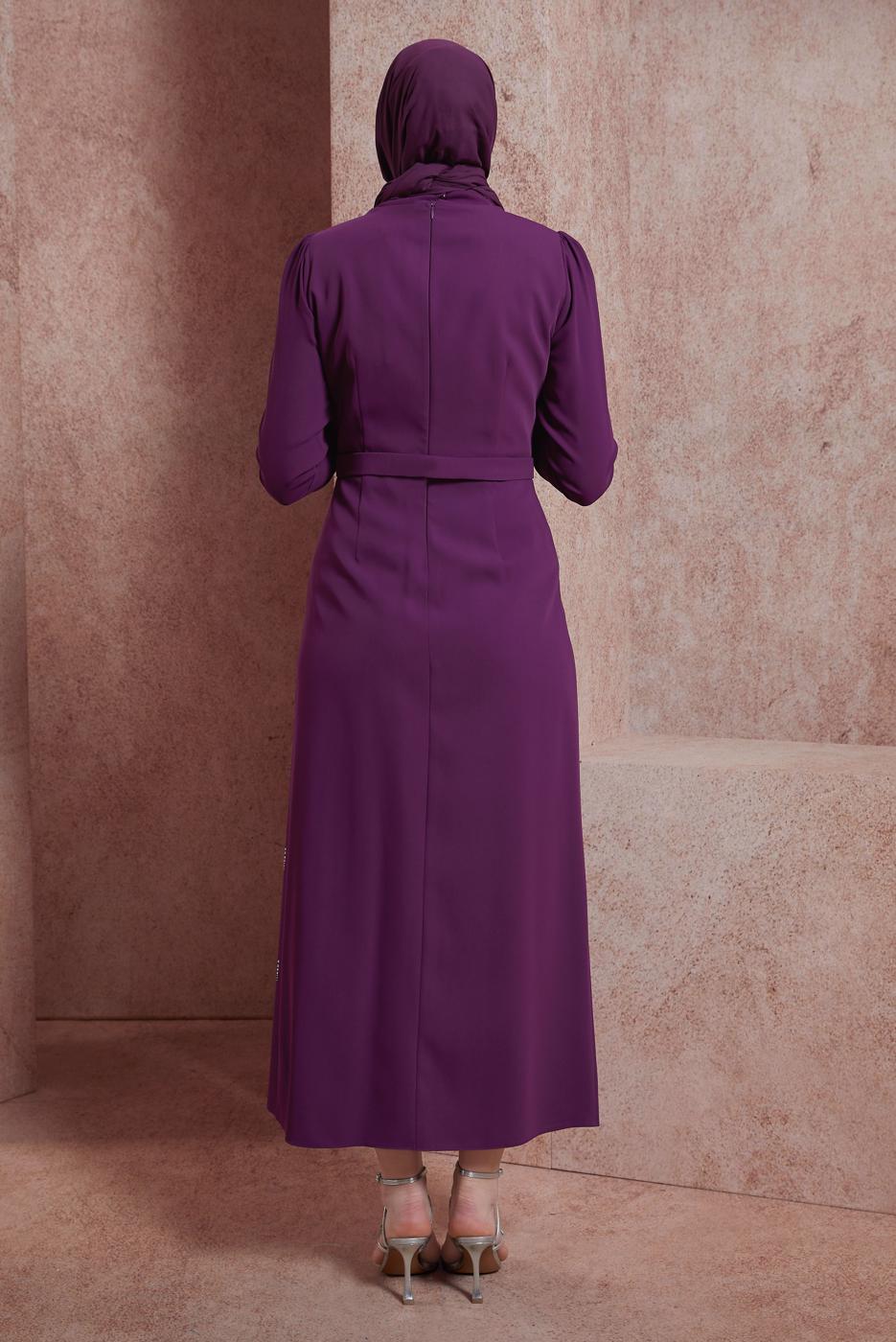 Tesettür giyim MOR ALVİNA TAŞ BASKILI TESETTÜR ELBİSE T 42886
