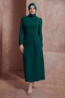 Tesettür giyim YEŞİL ALVİNA TAŞ BASKILI TESETTÜR ELBİSE T 42886