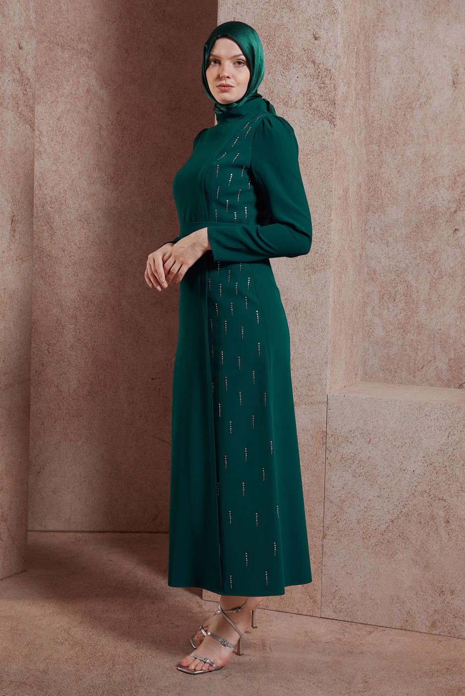 Tesettür giyim YEŞİL ALVİNA TAŞ BASKILI TESETTÜR ELBİSE T 42886