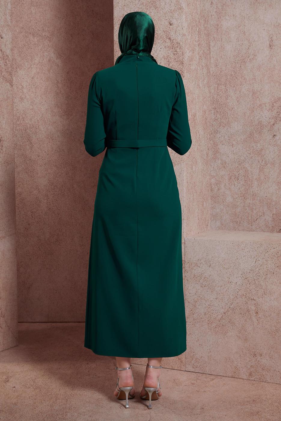 Tesettür giyim YEŞİL ALVİNA TAŞ BASKILI TESETTÜR ELBİSE T 42886