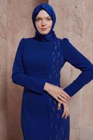 Tesettür giyim LACİVERT ALVİNA TAŞ BASKILI TESETTÜR ELBİSE T 42886