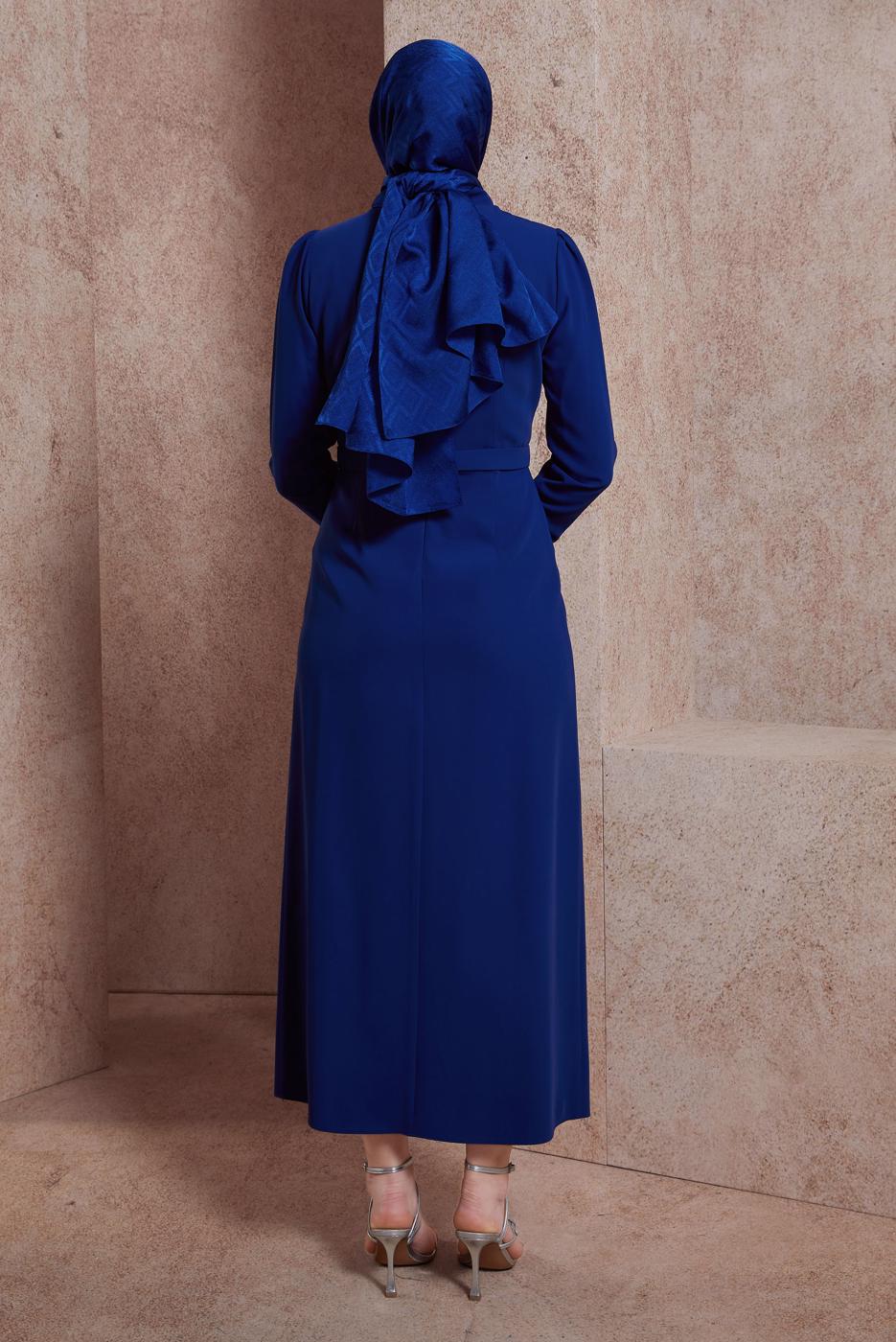 Tesettür giyim LACİVERT ALVİNA TAŞ BASKILI TESETTÜR ELBİSE T 42886