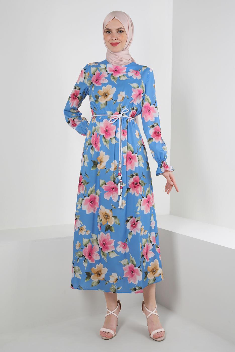 Tesettür giyim MAVİ ALVİNA DESENLİ KREP ELBİSE T 42889