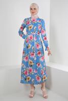 Tesettür giyim MAVİ ALVİNA DESENLİ KREP ELBİSE T 42889