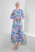 Tesettür giyim MAVİ ALVİNA DESENLİ KREP ELBİSE T 42889