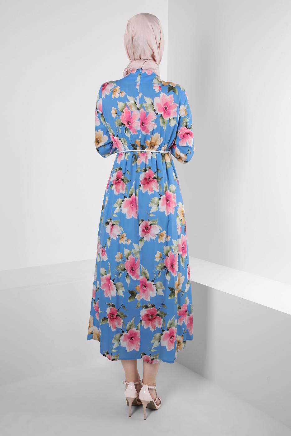 Tesettür giyim MAVİ ALVİNA DESENLİ KREP ELBİSE T 42889