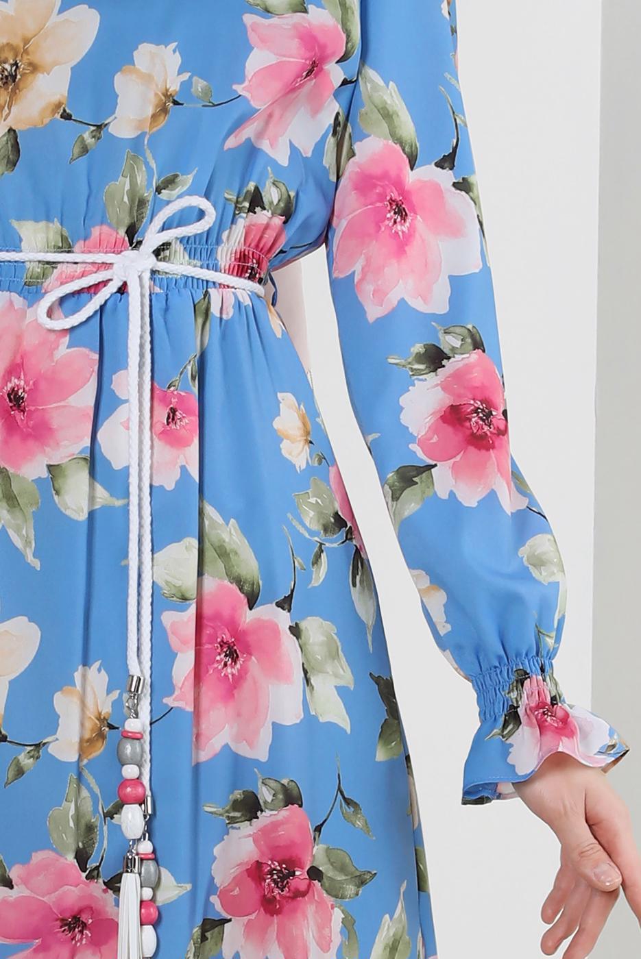 Tesettür giyim MAVİ ALVİNA DESENLİ KREP ELBİSE T 42889