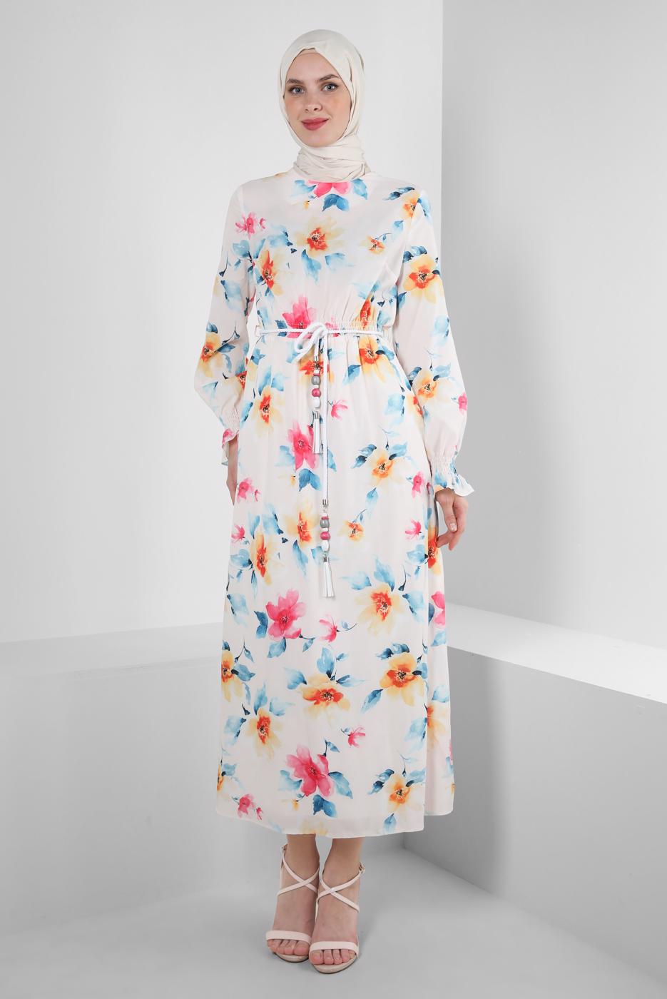 Tesettür giyim BEJ ALVİNA DESENLİ KREP ELBİSE T 42889