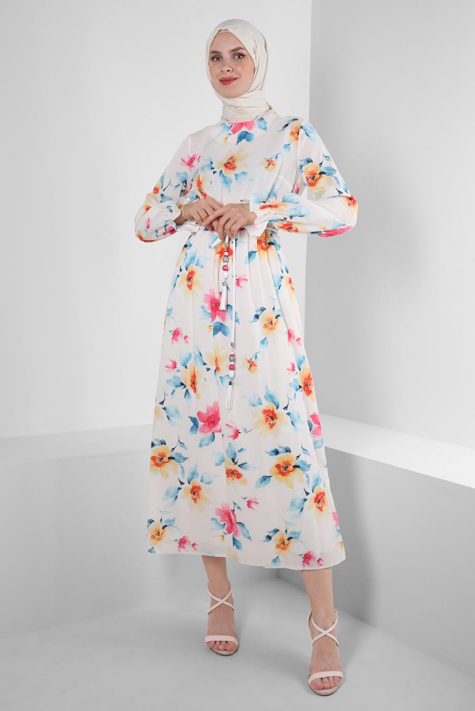 Tesettür giyim BEJ ALVİNA DESENLİ KREP ELBİSE T 42889