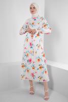 Tesettür giyim BEJ ALVİNA DESENLİ KREP ELBİSE T 42889