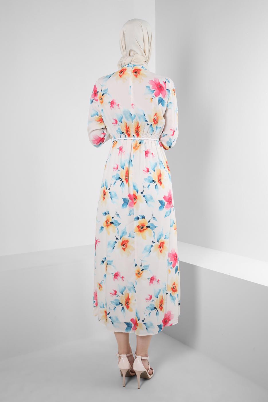 Tesettür giyim BEJ ALVİNA DESENLİ KREP ELBİSE T 42889