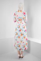 Tesettür giyim BEJ ALVİNA DESENLİ KREP ELBİSE T 42889