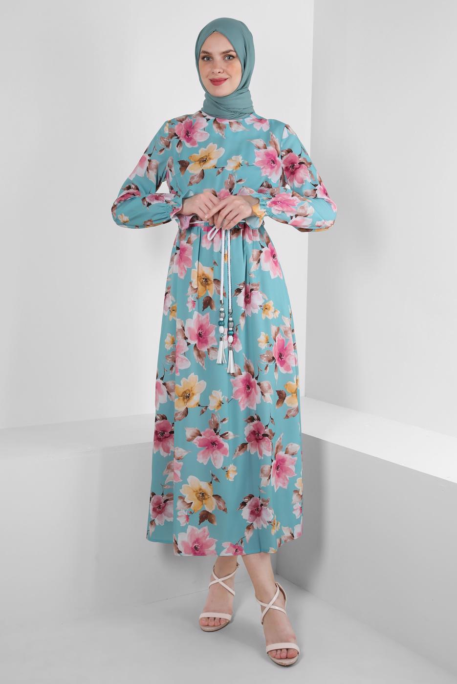 Tesettür giyim MAVİ ALVİNA DESENLİ KREP ELBİSE T 42889