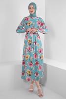 Tesettür giyim MAVİ ALVİNA DESENLİ KREP ELBİSE T 42889