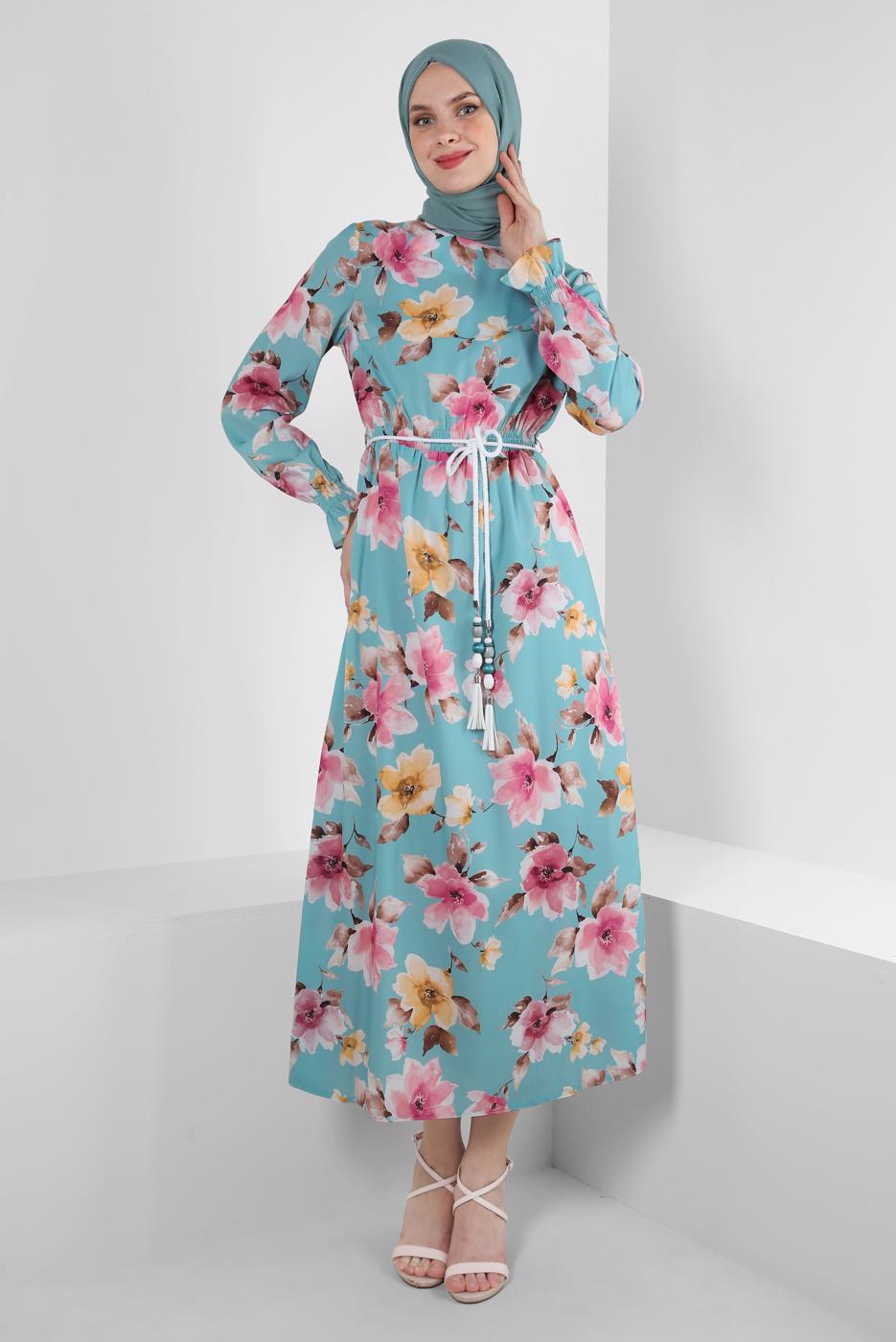 Tesettür giyim MAVİ ALVİNA DESENLİ KREP ELBİSE T 42889
