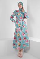 Tesettür giyim MAVİ ALVİNA DESENLİ KREP ELBİSE T 42889