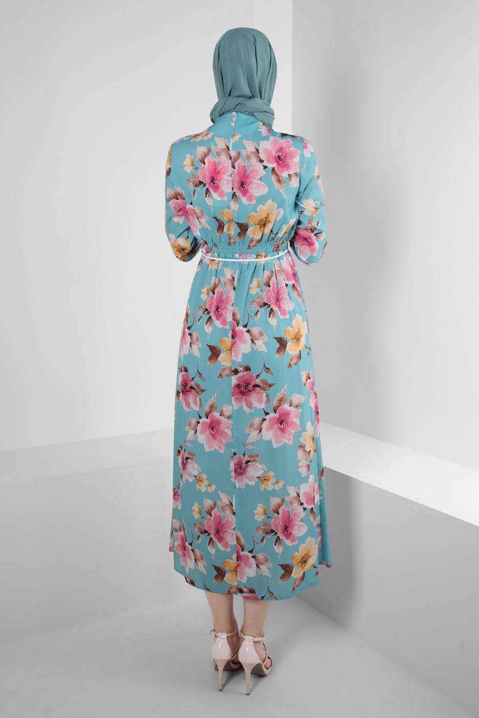 Tesettür giyim MAVİ ALVİNA DESENLİ KREP ELBİSE T 42889