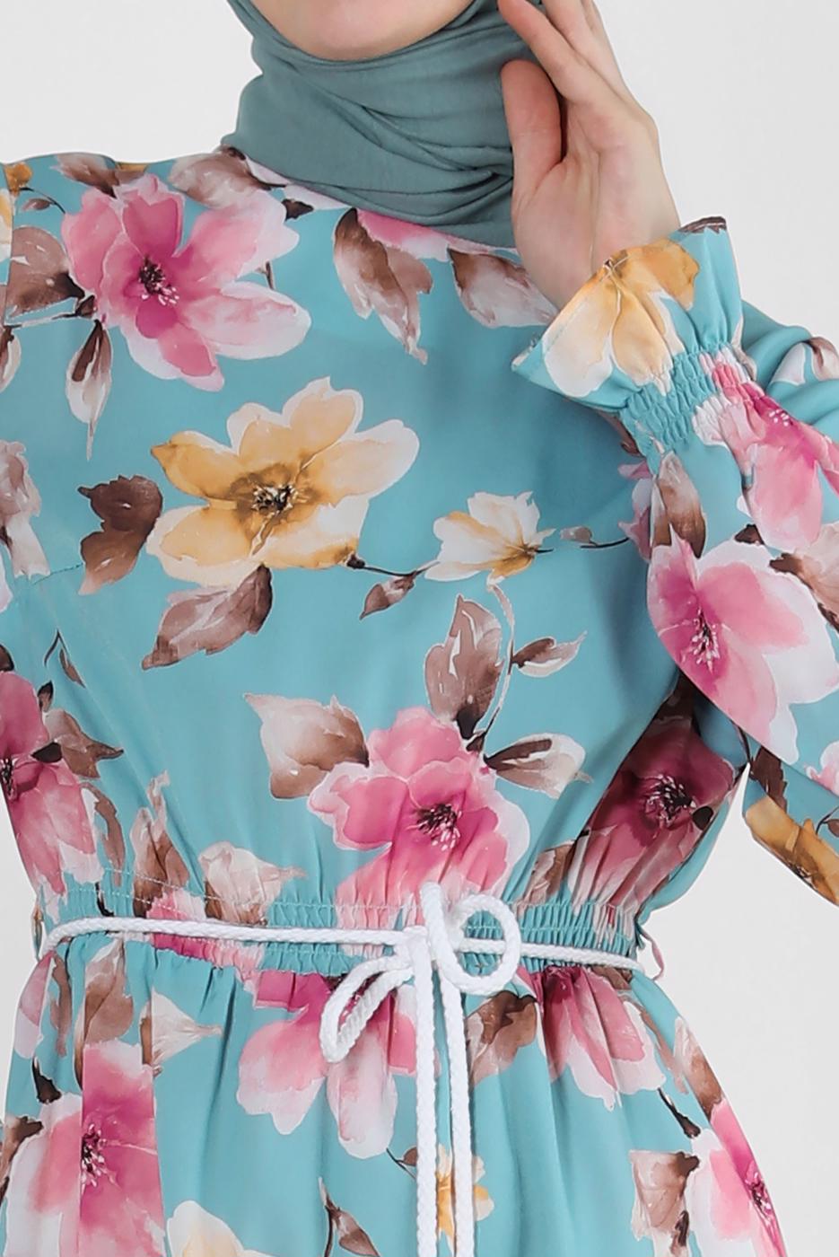 Tesettür giyim MAVİ ALVİNA DESENLİ KREP ELBİSE T 42889