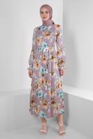 Tesettür giyim PEMBE ALVİNA DESENLİ KREP ELBİSE T 42889