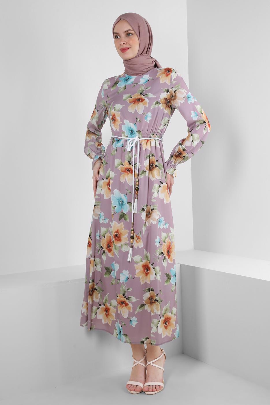 Tesettür giyim PEMBE ALVİNA DESENLİ KREP ELBİSE T 42889