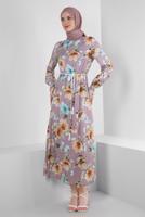 Tesettür giyim PEMBE ALVİNA DESENLİ KREP ELBİSE T 42889
