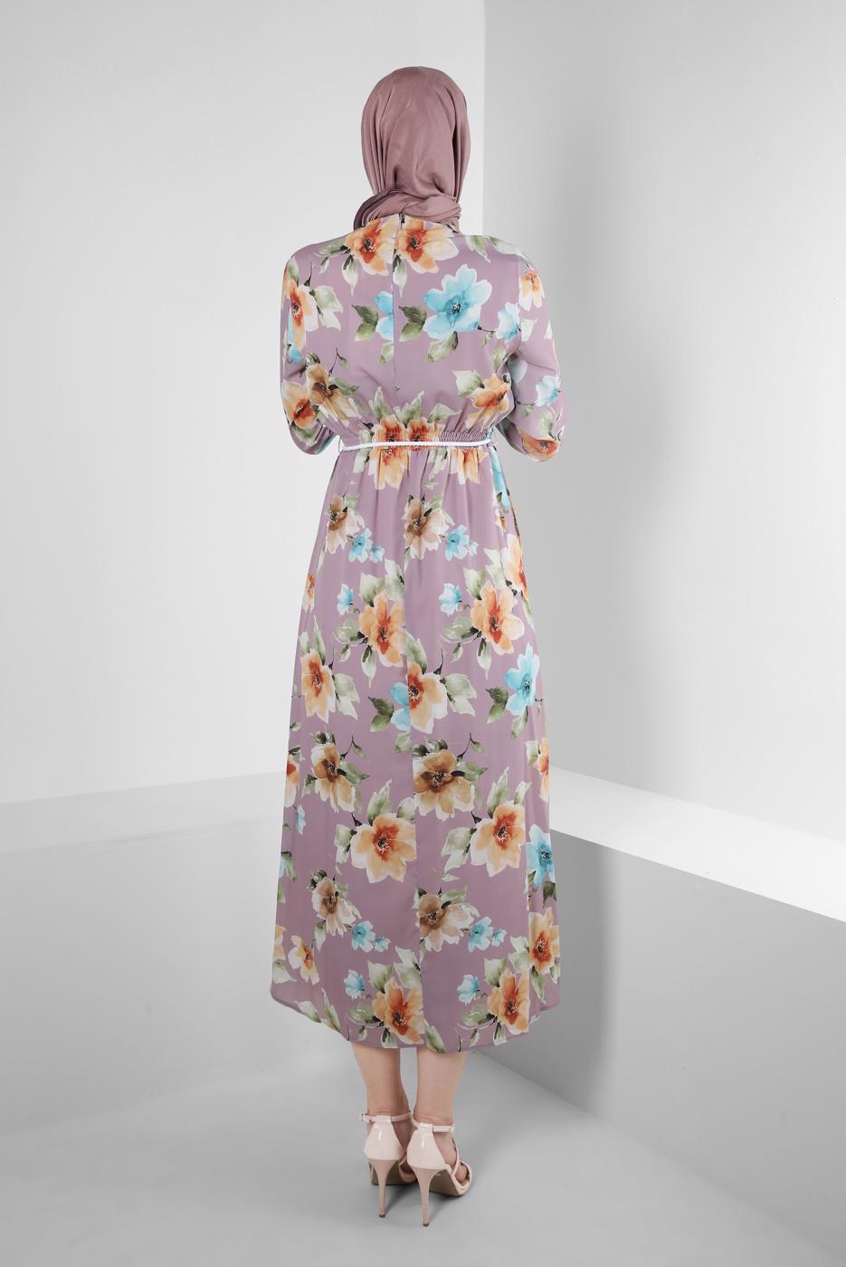 Tesettür giyim PEMBE ALVİNA DESENLİ KREP ELBİSE T 42889