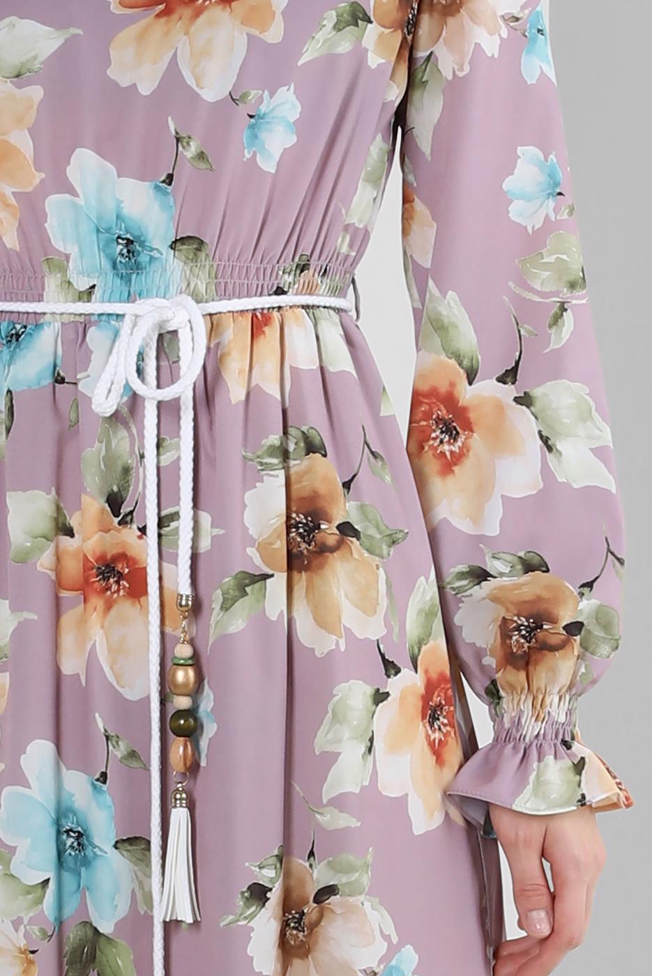 Tesettür giyim PEMBE ALVİNA DESENLİ KREP ELBİSE T 42889