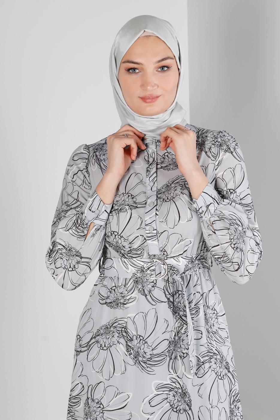 Tesettür giyim GRİ ALVİNA ÇİÇEK DESENLİ ELBİSE 42890