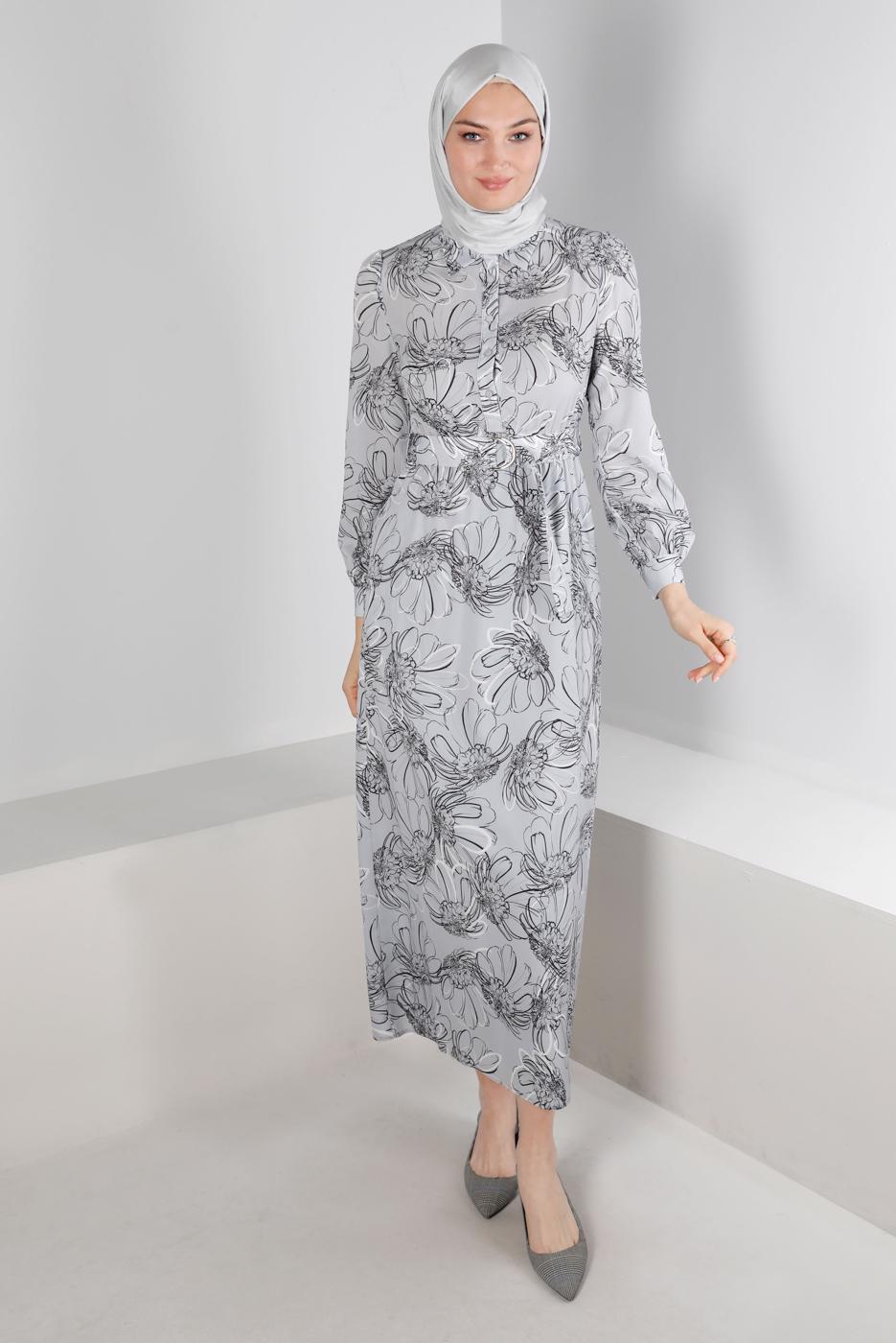 Tesettür giyim GRİ ALVİNA ÇİÇEK DESENLİ ELBİSE 42890
